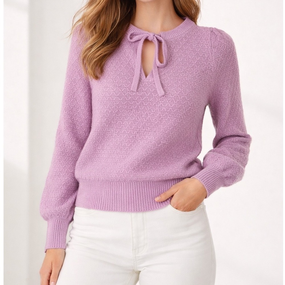 LOFT Lavender Tie Neck Knit Sweater Puff Sleeve Cottagecore Soft‎ Girl S